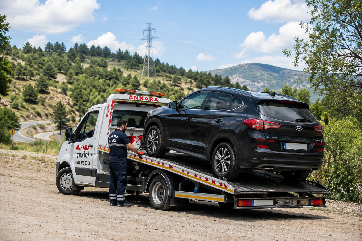 Ankara'da arızalanan SUV aracın profesyonel platform çekici ile güvenli şekilde taşınmasını gösteren oto çekici hizmeti.